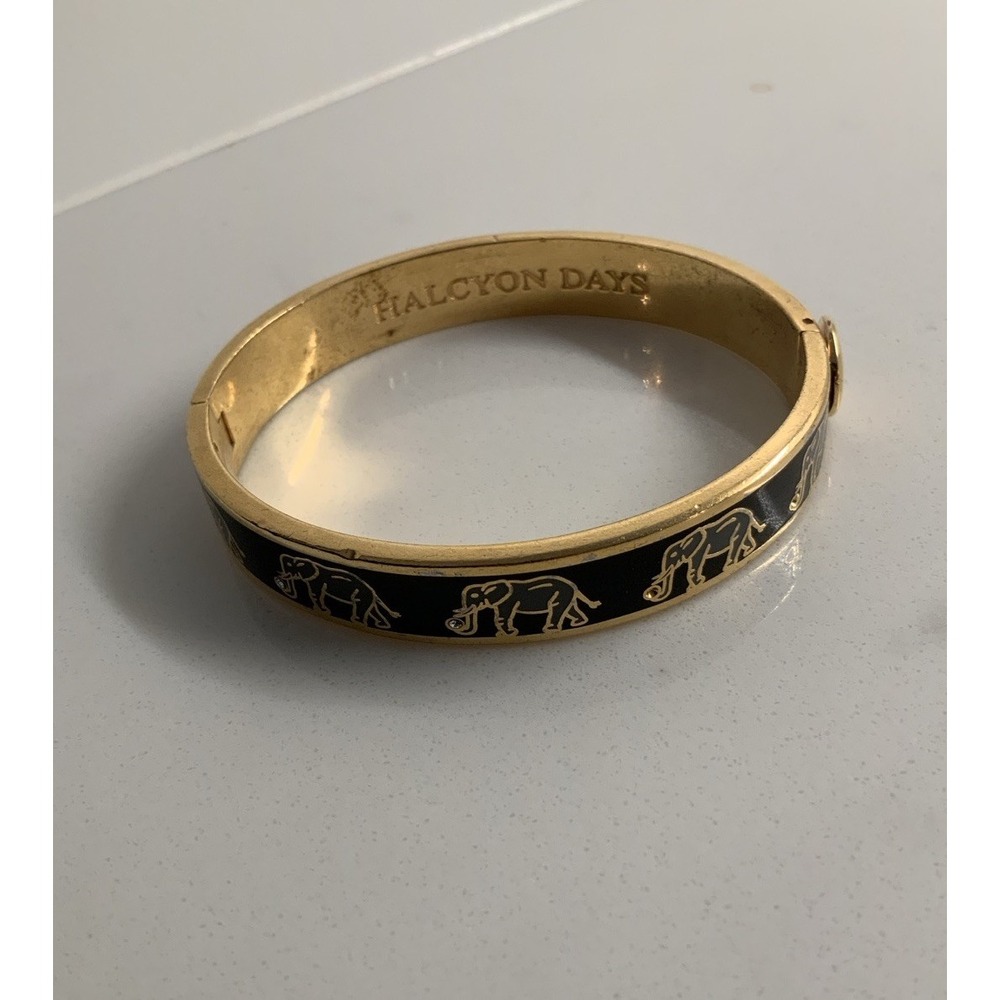 Halcyon Days gold tone enamel bangle bracelet elephant motif hinged